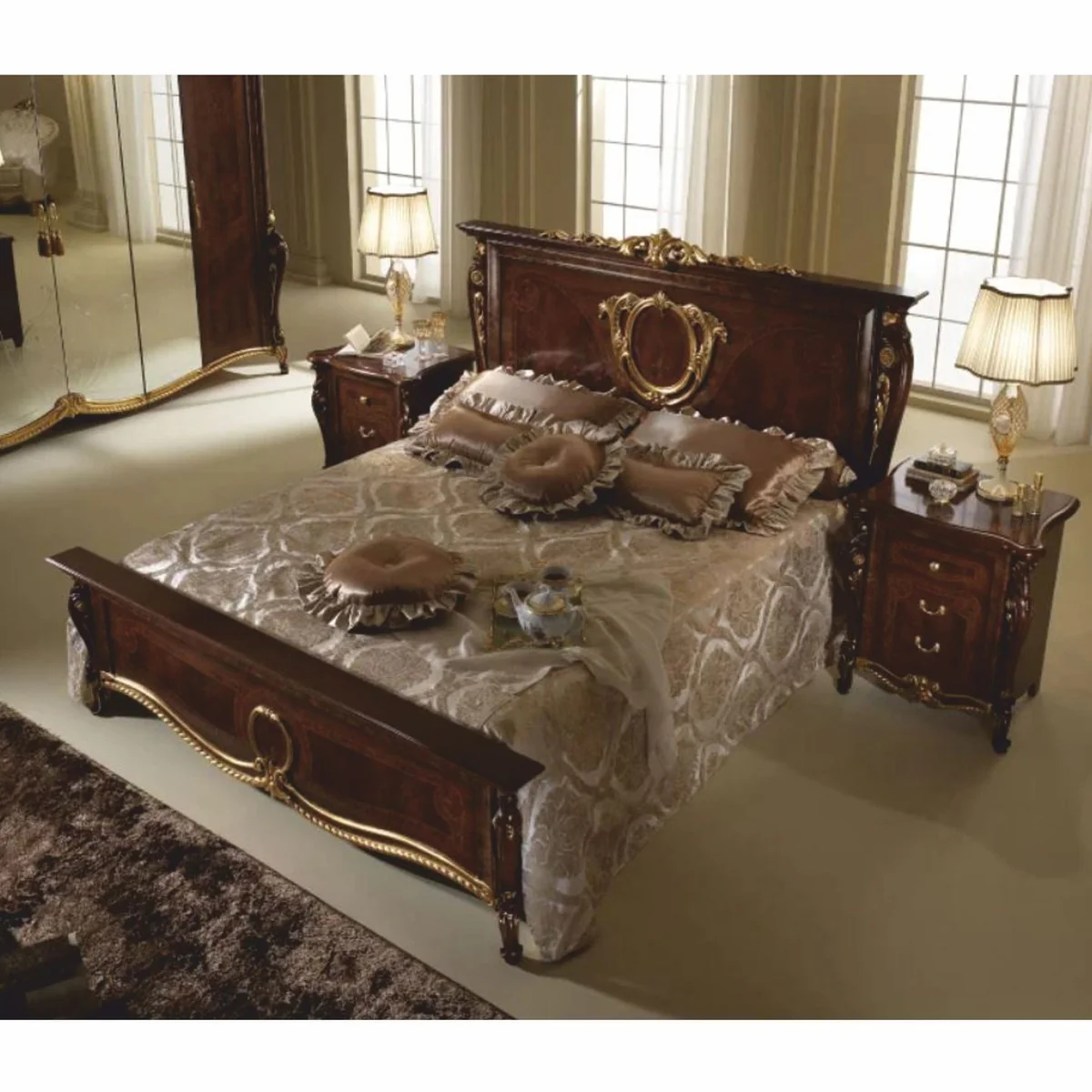 Luxus Barock Nachtkommode mit 3 Schubladen Dunkelbraun / Gold - Made in Italy