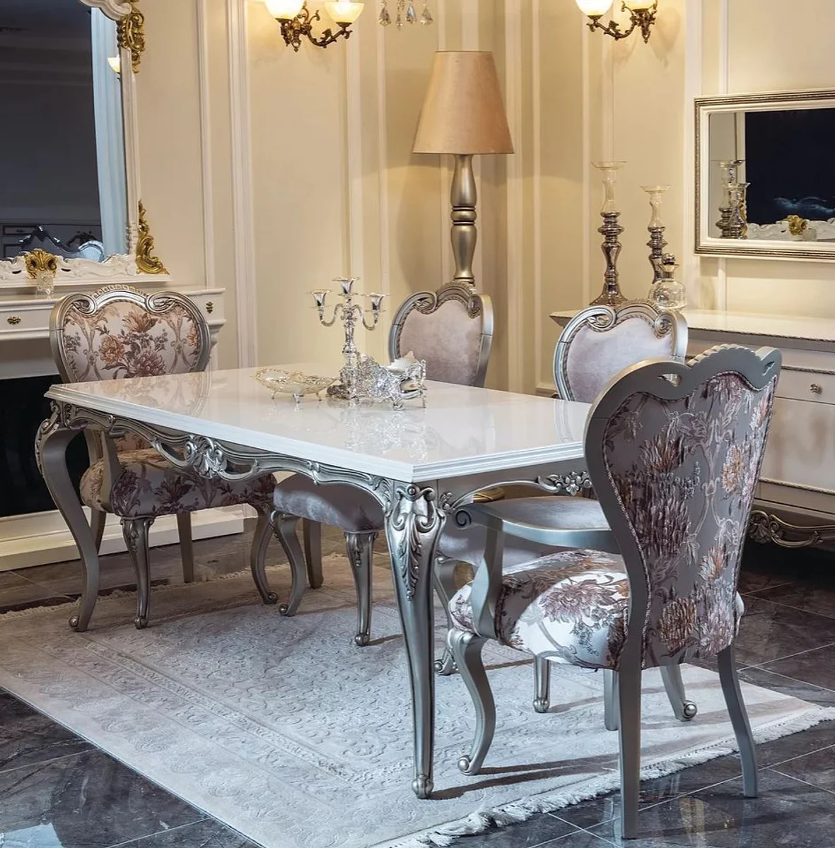 Luxury Baroque Dining Room Set Pink / White / Silver - 1 Dining Table & 6 Dining Chairs - Dining Room Furniture in Baroque Style - Noble Baroque Furniture