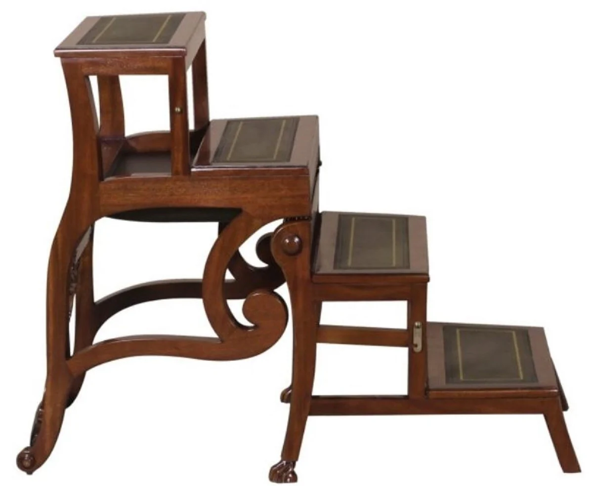 Baroque ladder chair with real leather dark brown / green 61.3 x 59.1 x H. 87.8 cm - mahogany chair with armrests - baroque furniture