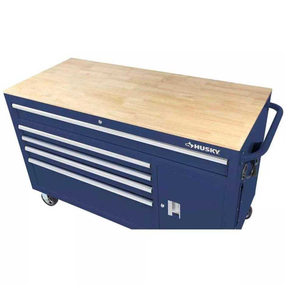 56 IN W 5-DRAWER 1-DOOR, DEEP TOOL CHEST MOBILE WORKBENCH IN GLOSS BLUE MIT HARDWOOD TOP