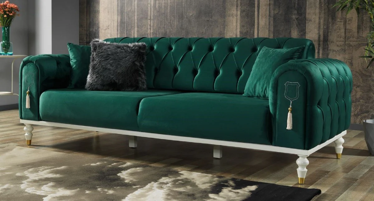 Luxury Chesterfield sofa bed green / white / gold 230 x 95 x H. 83 cm - Living room sofa with 3 cushions - Luxury living room furniture