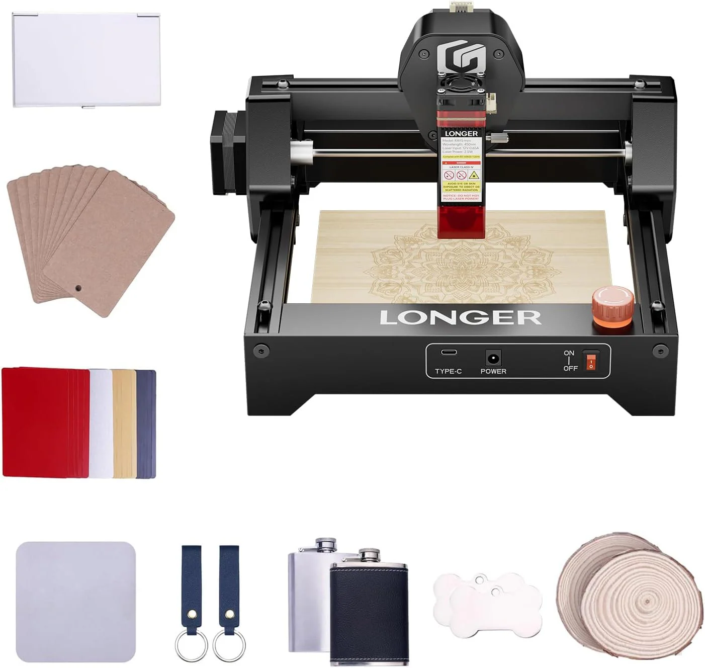 LONGER RAY5 Mini 2.5W Laser Engraver with 70pcs DIY Material Package, 12000mm/min High Speed ​​Cutter for Wood, Metal, Acrylic, Leather, DIY CNC, 130x140mm Engraving Area, WiFi, Emergency Security