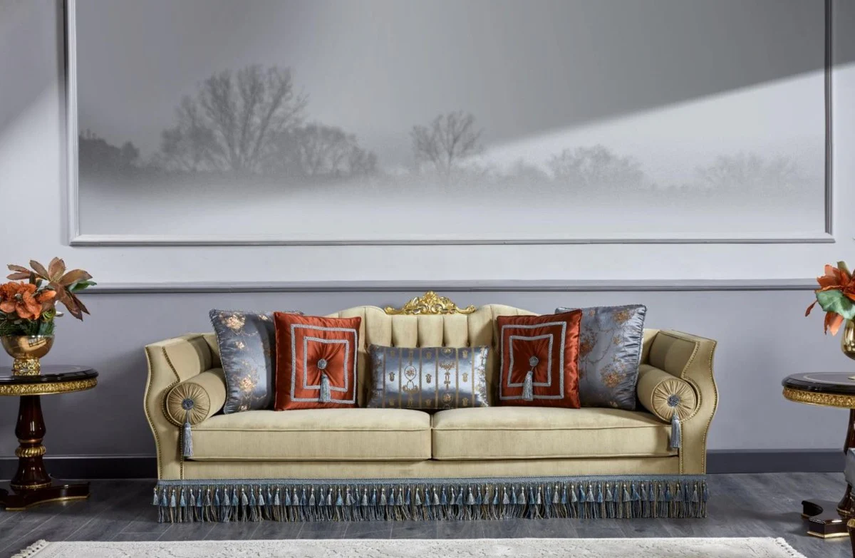 Luxus Barock Wohnzimmer Set Beige / Blau / Dunkelbraun / Gold - 2 Sofas & 2 Sessel & 1 Couchtisch & 2 Beistelltische - Handgefertigte Wohnzimmer Möbel im Barockstil - Edel & Prunkvoll