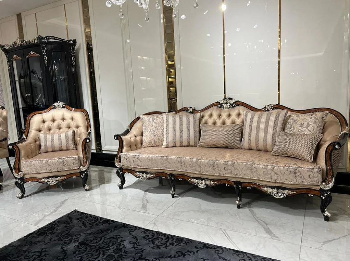 Luxury Baroque Living Room Sofa Gold / Brown / Black / Silver - Magnificent Baroque Style Sofa with Decorative Pillows - Luxury Living Room Furniture in Baroque Style - Baroque Furniture