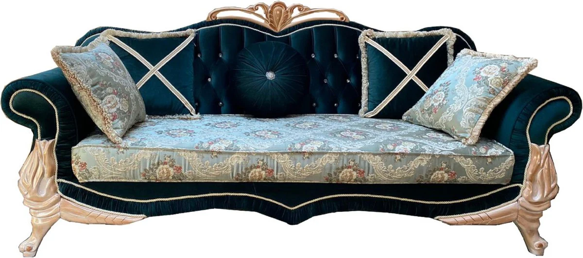 Luxus Barock Wohnzimmer Set mit elegantem Blumenmuster und Glitzersteinen Türkis / Grün / Creme - 2 Sofas & 2 Sessel - Prunkvolle Barock Wohnzimmer Möbel