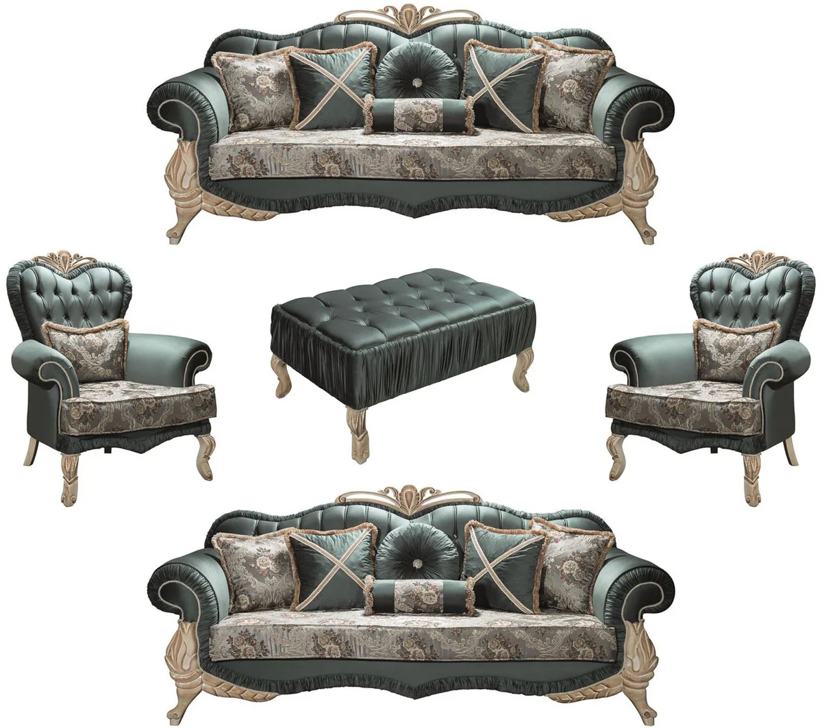 Luxus Barock Wohnzimmer Set Grün / Creme / Beige - 2 Sofas & 2 Sessel & 1 Couchtisch - Wohnzimmer Möbel im Barockstil - Edel & Prunkvoll