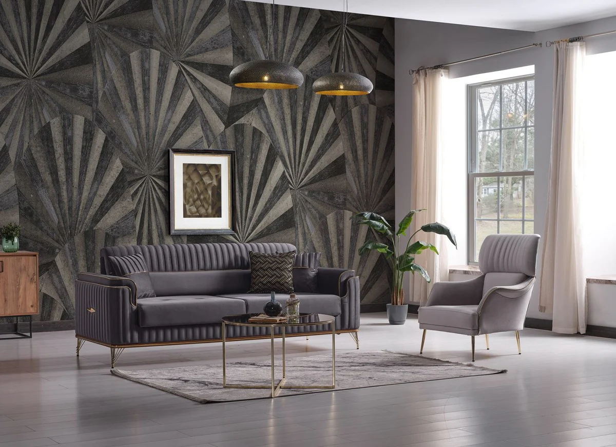 Luxury sofa bed dark gray / brown / gold 228 x 94 x H. 88 cm - living room sofa with 3 cushions - luxury living room furniture