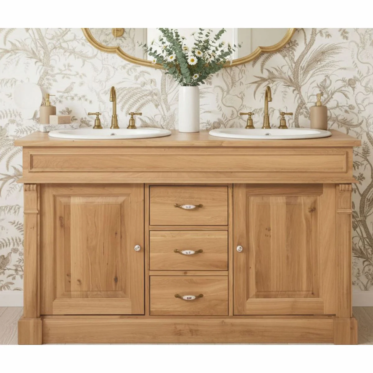 Country house style double washbasin cabinet natural color 150 cm - bathroom furniture