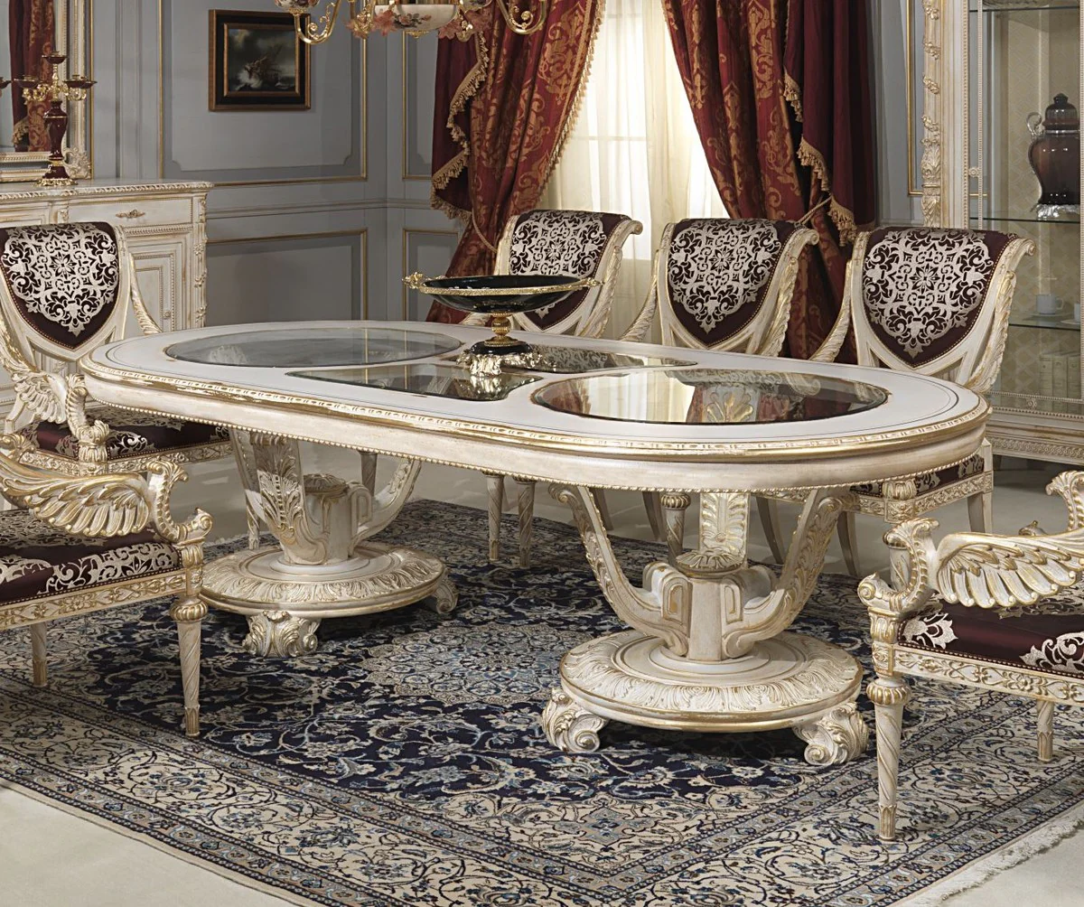 Luxury Baroque Dining Table White / Gold - Various Sizes - Magnificent Oval Solid Wood Dining Room Table with Glass Tops - Hotel Restaurant Castle Furniture - Luxury Quality - Made in Italy