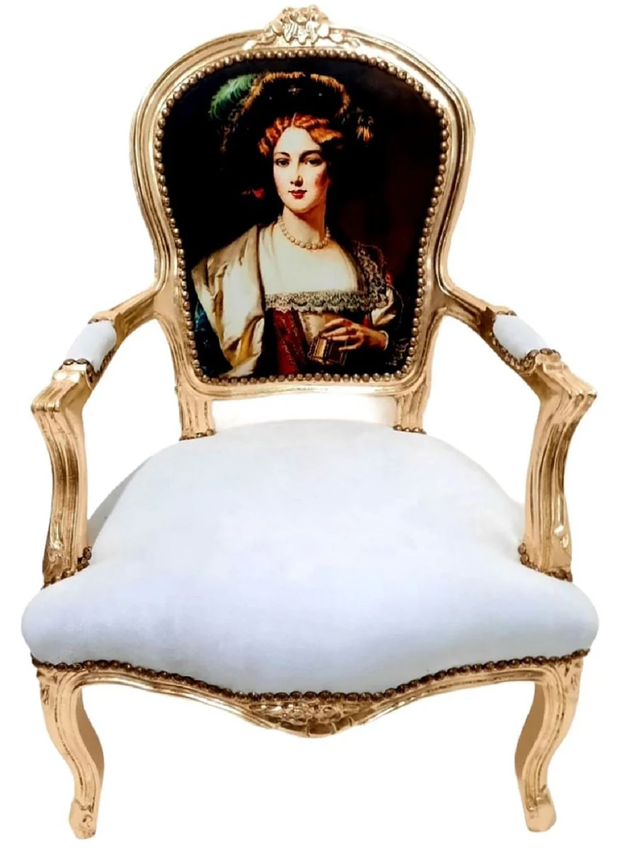 Baroque Salon Chair Lady White / Gold - Handmade Antique Style Chair with Armrests - Baroque Style Furniture