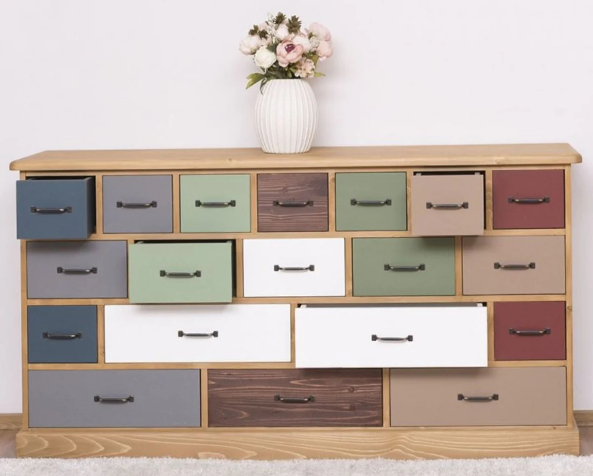 Country house style chest of drawers light brown / multicolored 180 x 48 x H. 95 cm - solid wood cabinet with 19 drawers - country house style furniture