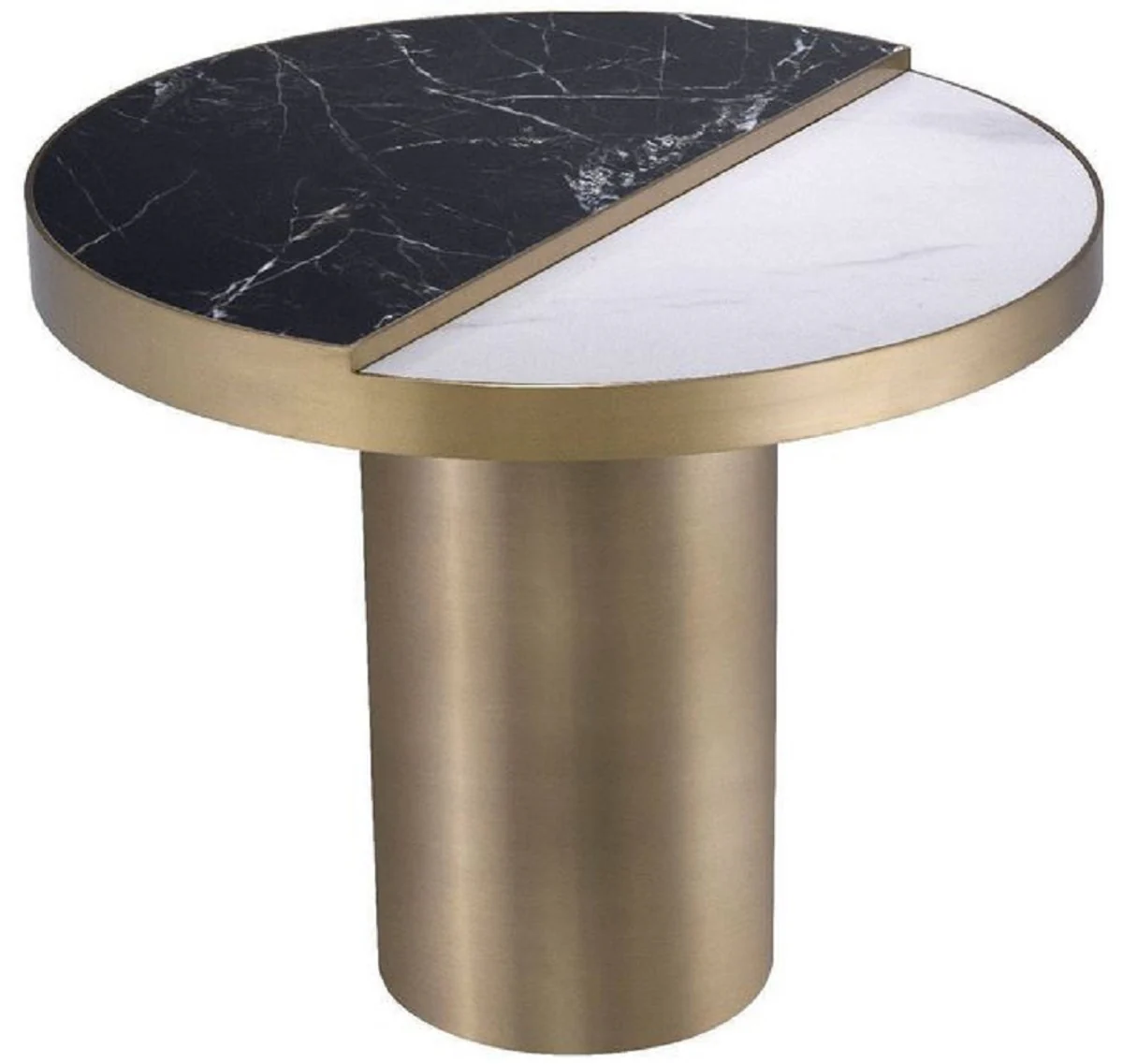 Luxury side table black / white / brass Ø 55 x H. 55.5 cm - Round stainless steel table with 2 semicircular ceramic plates - Living room furniture - Luxury furniture