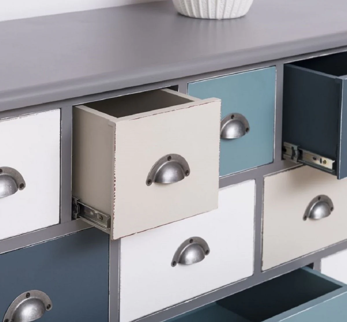 Country house style chest of drawers gray / multicolored 180 x 48 x H. 95 cm - Solid wood cabinet with 19 drawers - Country house style furniture - Country house style furniture - Country house style furnishings