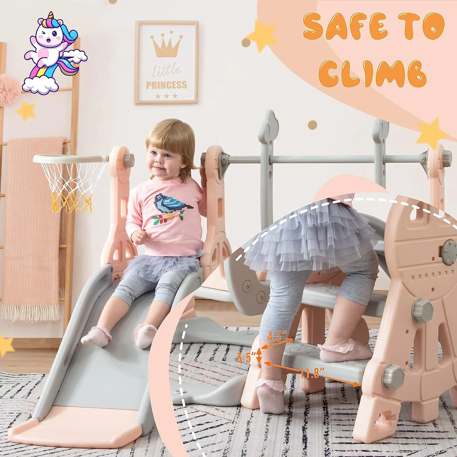 Merax 4-in-1-Rutsche für Kleinkinder, Indoor-Rutsche und Schaukel-Set für Kinder, freistehende Outdoor-Rutsche mit Basketballkorb (grüne Schaukelrutsche)