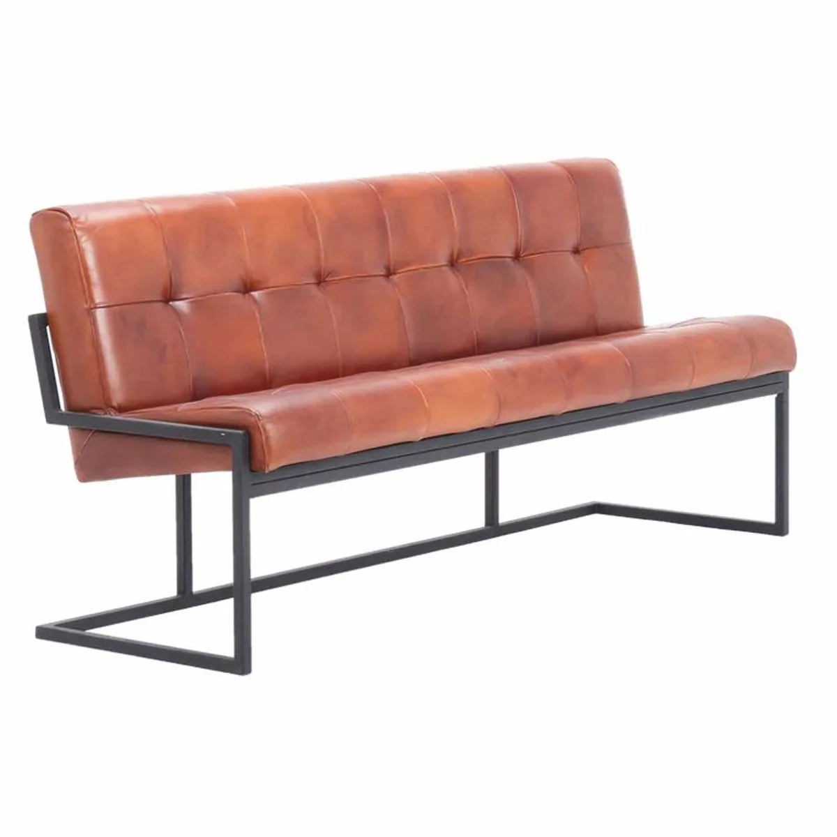 Luxury Chesterfield genuine leather bench light brown / black 200 cm - genuine leather furniture