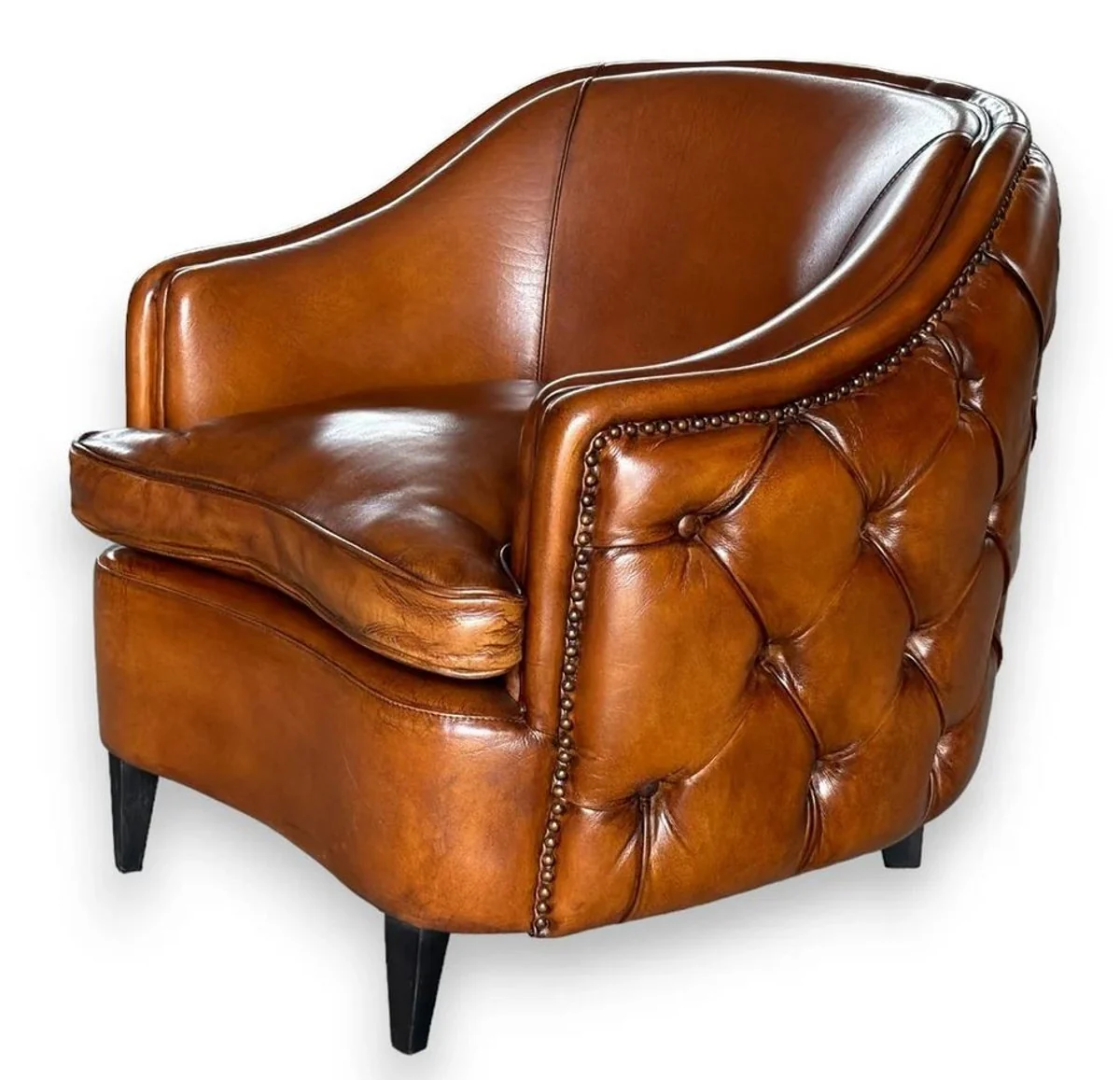 Luxury Chesterfield Leather Armchair Light Brown / Black - Real Leather Living Room Furniture