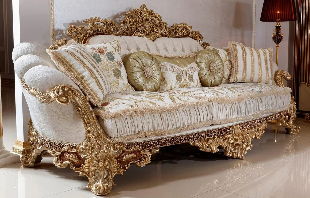 Luxury Baroque Sofa White / Multicolored / Brown / Gold - Magnificent Living Room Sofa with Elegant Pattern - Baroque Living Room & Hotel Furniture - Noble & Magnificent