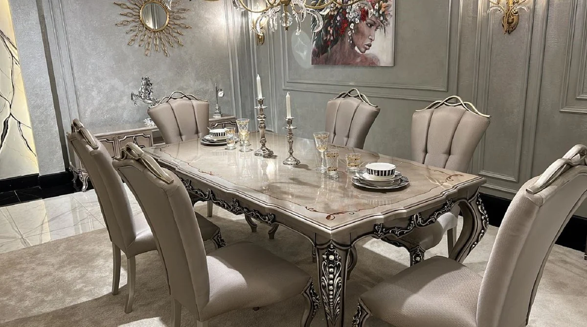 Luxury Baroque Dining Table Silver - Rectangular Baroque Style Kitchen Table - Luxury Dining Room Furniture in Baroque Style - Baroque Dining Room Furniture - Baroque Furnishings