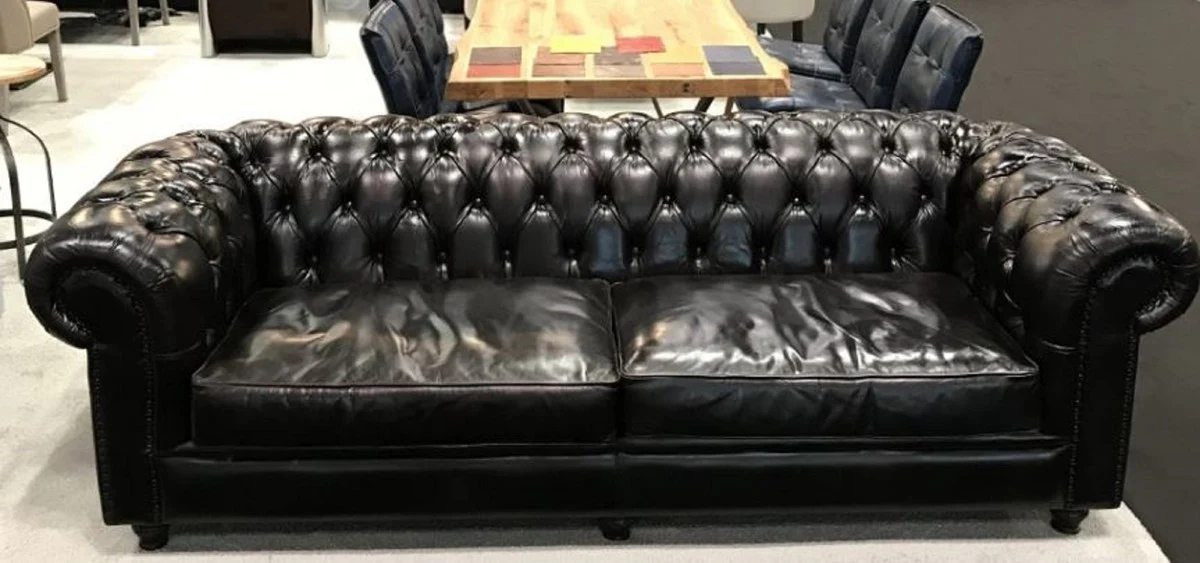 Luxury Chesterfield leather sofa black 240 x 100 x H. 80 cm - real leather living room sofa - living room furniture - Chesterfield furniture - luxury furniture - luxury living room furnishings