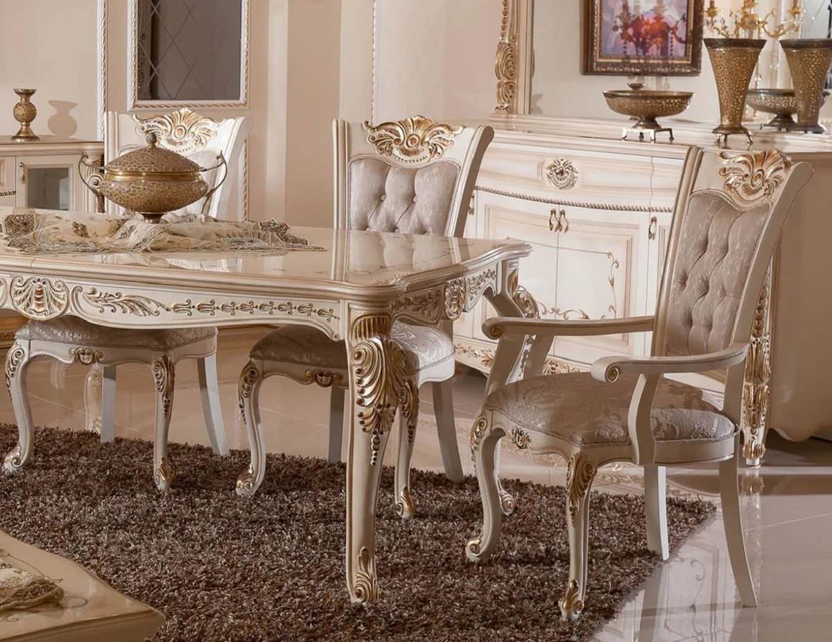 Luxury Baroque Dining Room Chair Set of 6 Gray / White / Beige / Gold - Baroque Style Kitchen Chairs with Pattern - Luxury Dining Room Furniture in Baroque Style - Baroque Dining Room Furniture