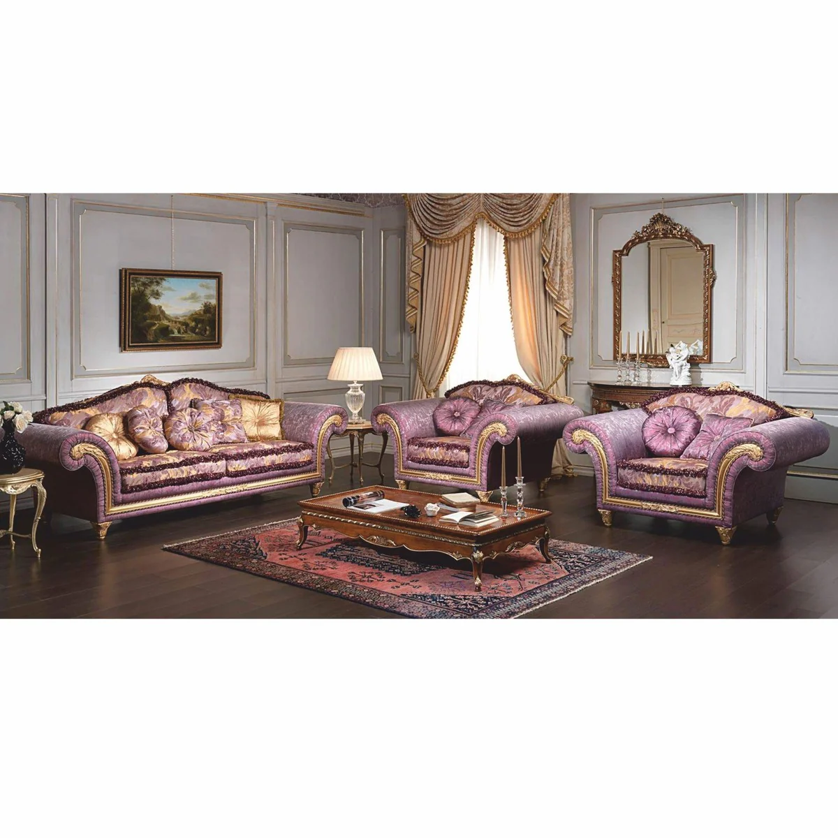 Luxus Barock Hotel & Wohnzimmer Sofa Lila / Gold 260 cm - Made in Italy