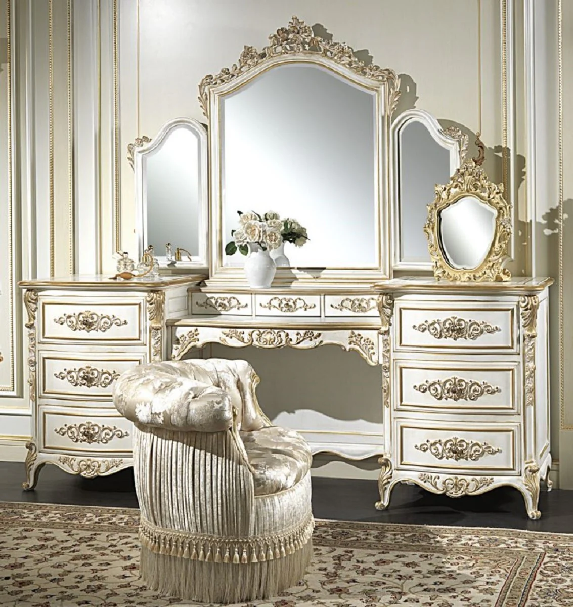 Luxury Baroque Bedroom Set White / Gold - 1 Dressing Table & 1 Mirror & 1 Armchair - Magnificent Bedroom Furniture - Hotel Furniture - Castle Furniture - Luxury Quality - Made in Italy