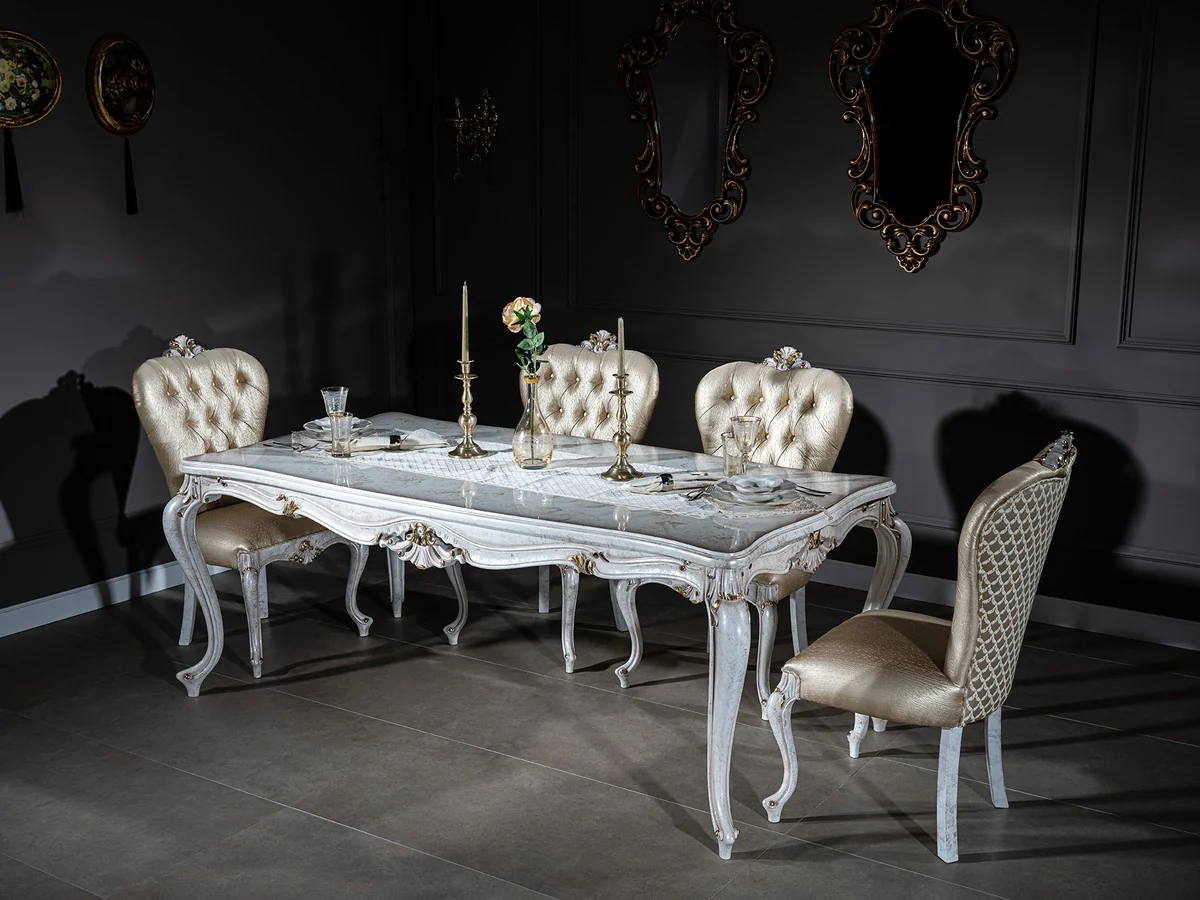Luxury baroque dining table antique white / gold 201 x 102 x H. 80 cm - solid wood kitchen table - dining room table - dining room furniture in the baroque style
