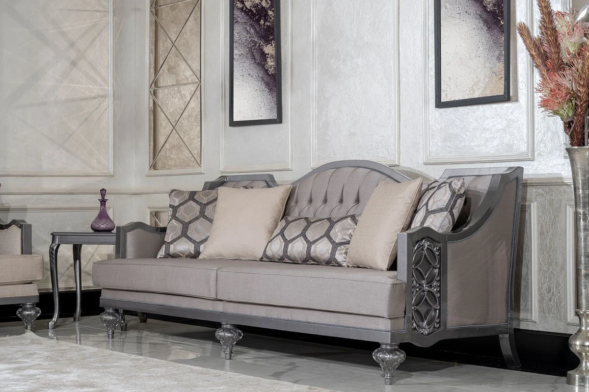 Luxury Baroque Living Room Sofa Gray / Gray - Handmade Baroque Style Sofa with Decorative Pillows - Luxury Living Room Furniture in Baroque Style - Baroque Furniture