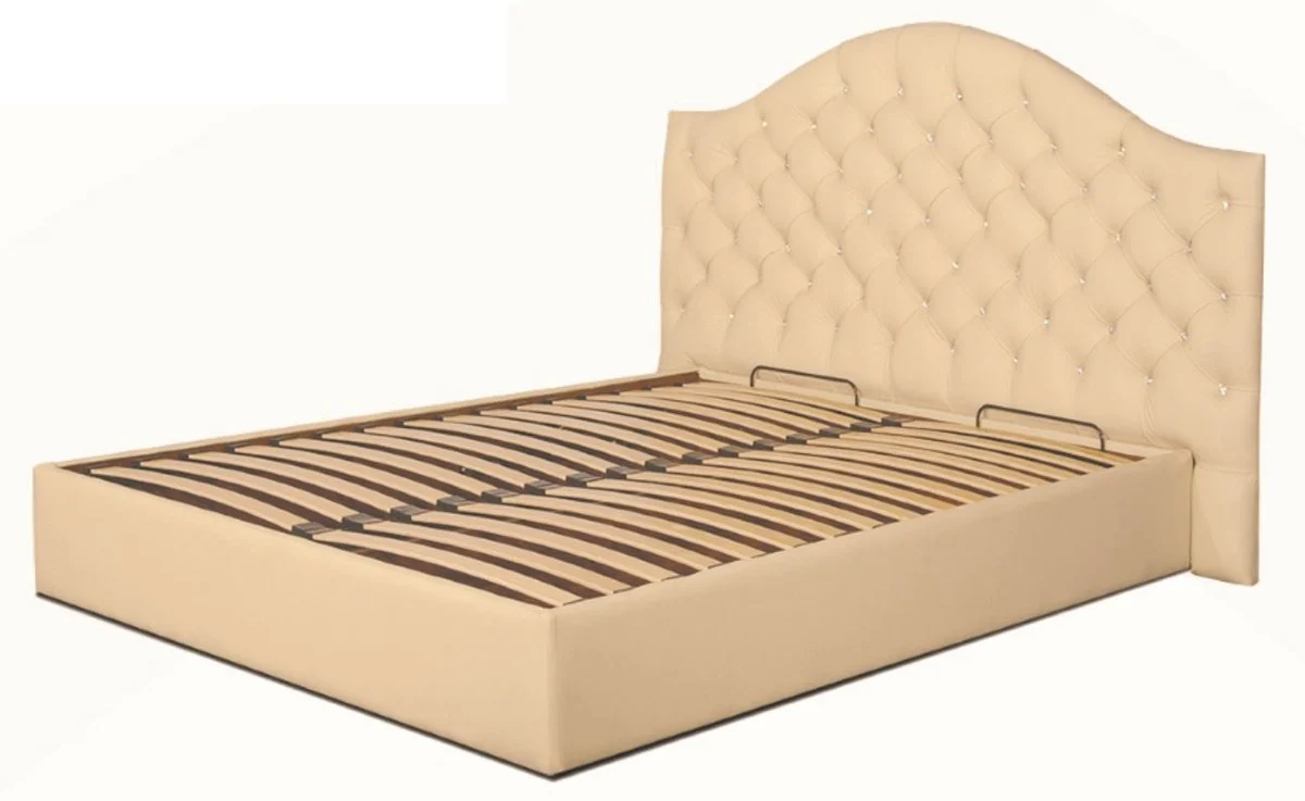 Luxury Chesterfield genuine leather bed in beige with Swarovski crystal stones - luxury collection