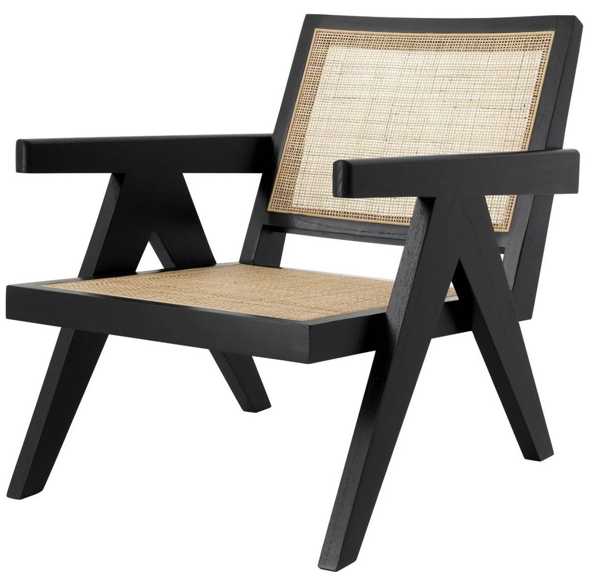 Designer chair black / natural colors 58 x 82 x H. 70 cm - solid wood chair with armrests and hand-woven rattan weave - luxury living room furniture