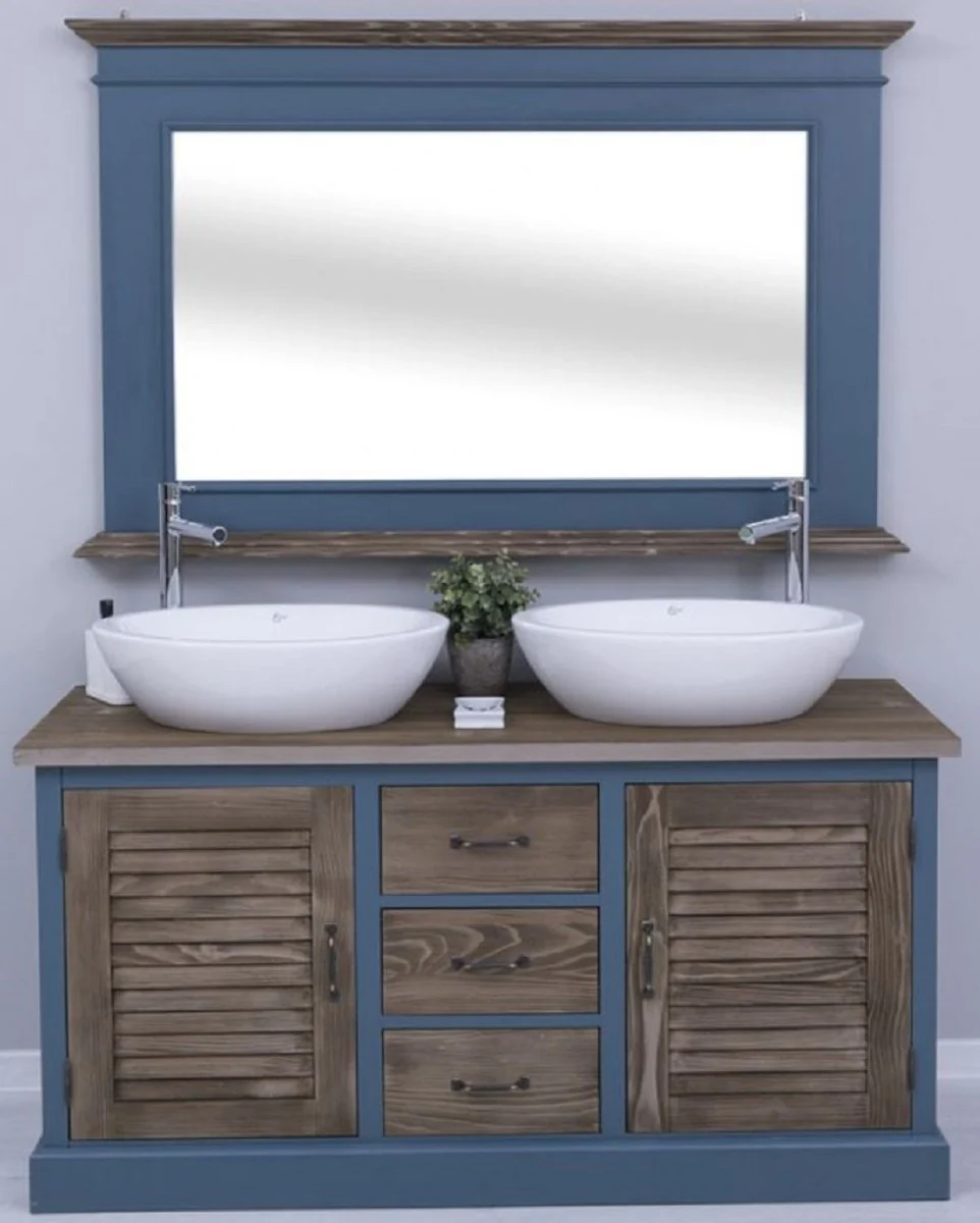 Country house style bathroom set blue / dark brown - 1 double washbasin & 2 sinks & 2 taps & 1 wall mirror - Solid wood bathroom furniture in country house style