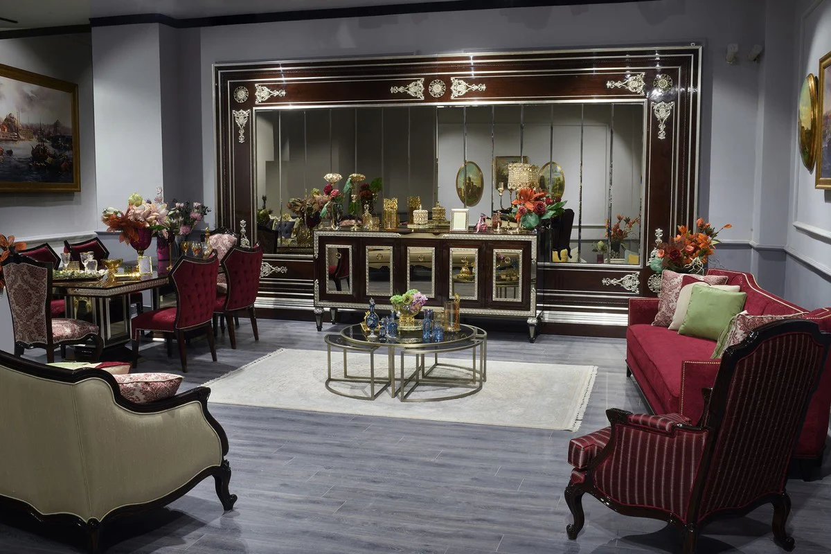 Luxury Baroque Dining Room Set Bordeaux Red / Dark Brown / Silver - 1 Dining Table & 6 Dining Chairs - Dining Room Furniture in Baroque Style - Noble & Magnificent