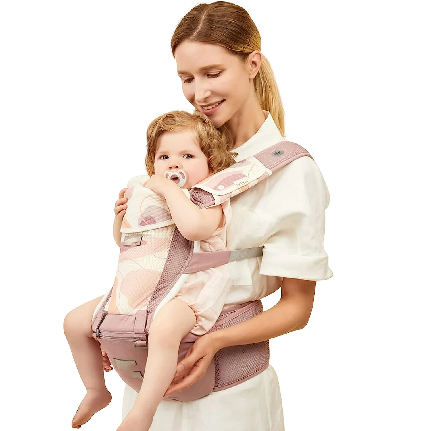 Babytrage für Neugeborene bis Kleinkinder, Baby-Hüfttrage mit Kopfhaube, Taillenverlängerung und 3 Beißpolstern (grau)