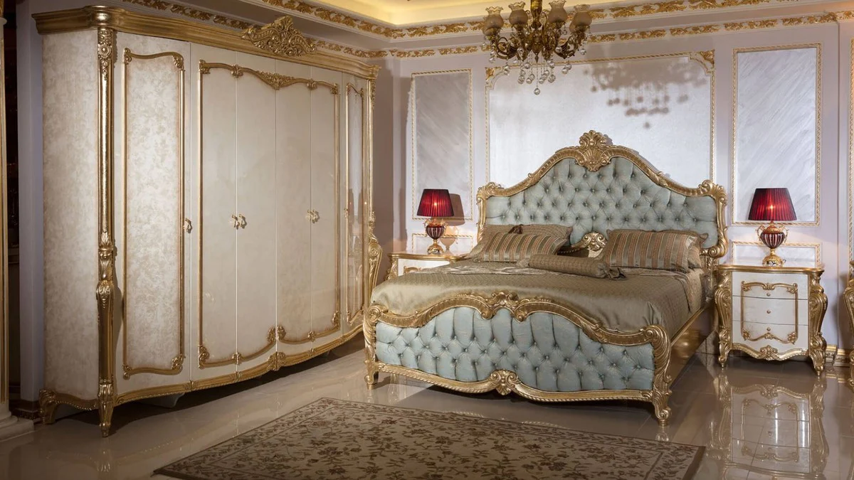 Luxury baroque bedroom set light blue / white / beige / gold - 1 double bed with headboard & 2 bedside chests - bedroom furniture in baroque style - noble and magnificent