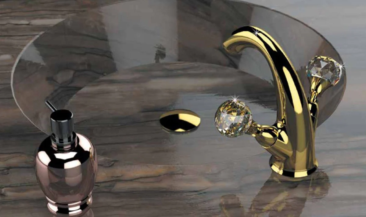 Luxury washbasin fitting with Swarovski crystal glass gold H. 15 cm - single hole mixer with waste set - luxury bathroom accessories - Made in Italy