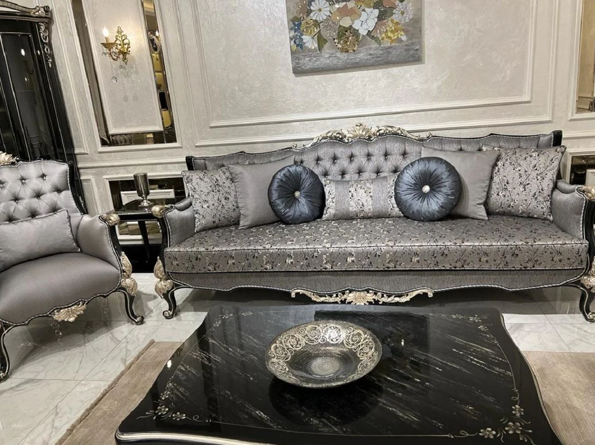 Luxury Baroque Sofa Silver / Black / Silver - Handmade living room sofa with elegant pattern and decorative pillows - Living room furniture in baroque style