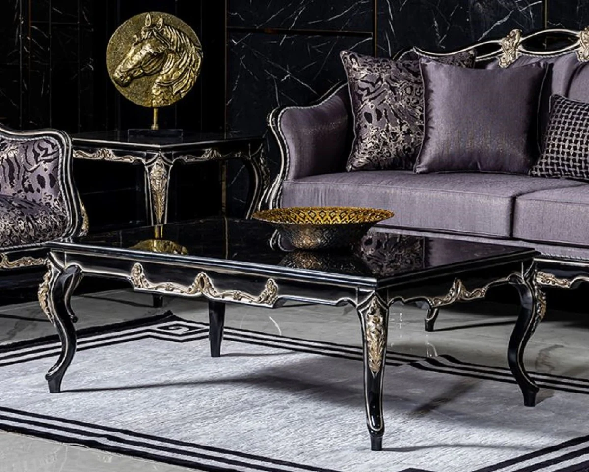 Luxury baroque living room set purple / black / gold - 2 sofas & 2 armchairs & 1 coffee table - magnificent living room furniture in baroque style