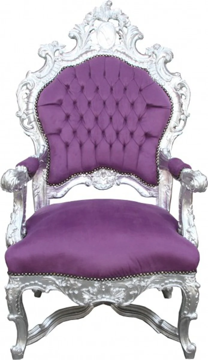 Barock Luxus Thron Sessel Lila/Silber - Unikat - Barock Möbel Thron Königssessel - Limited Edition