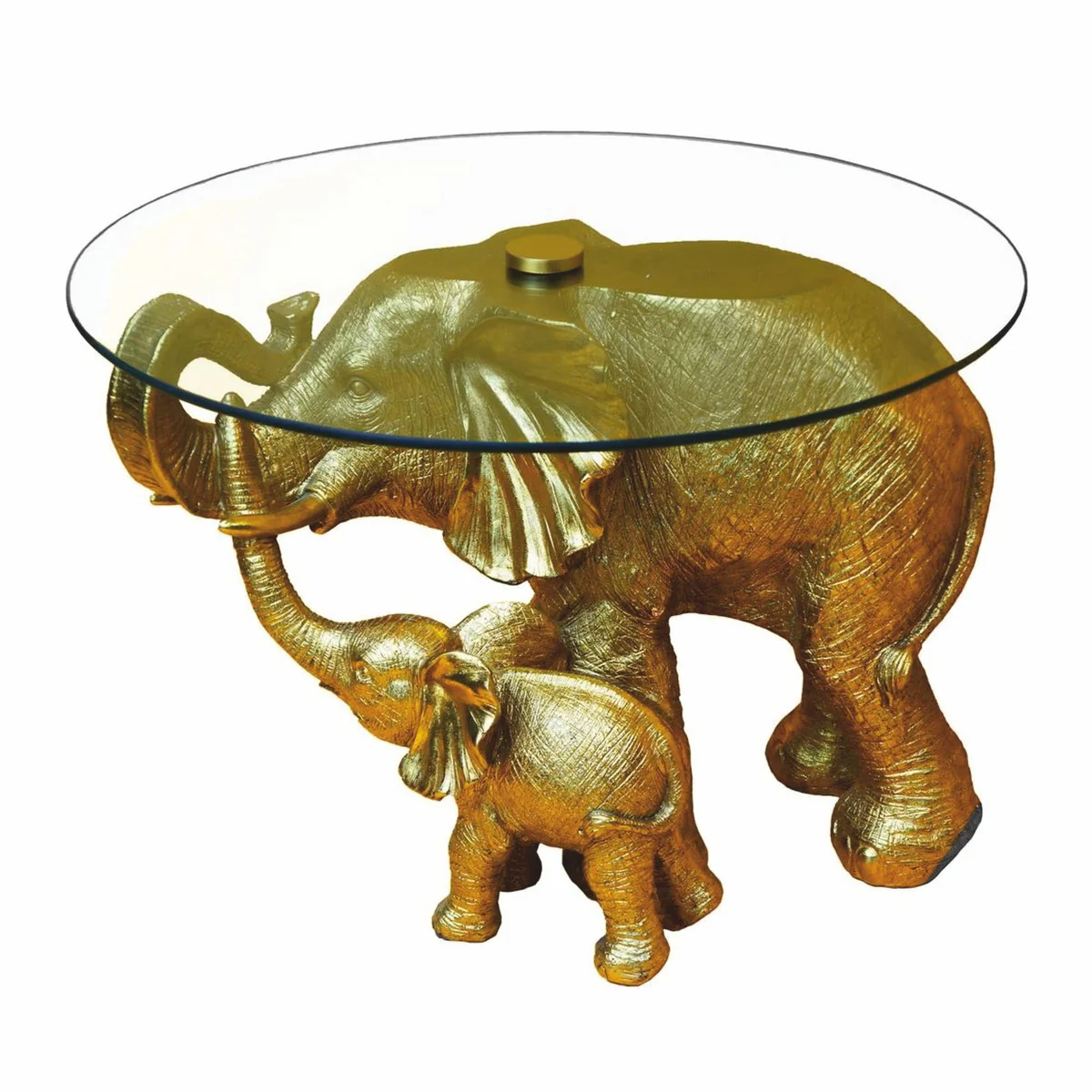Luxury synthetic resin coffee table with glass top elephant gold Ø 60 x H. 40 cm