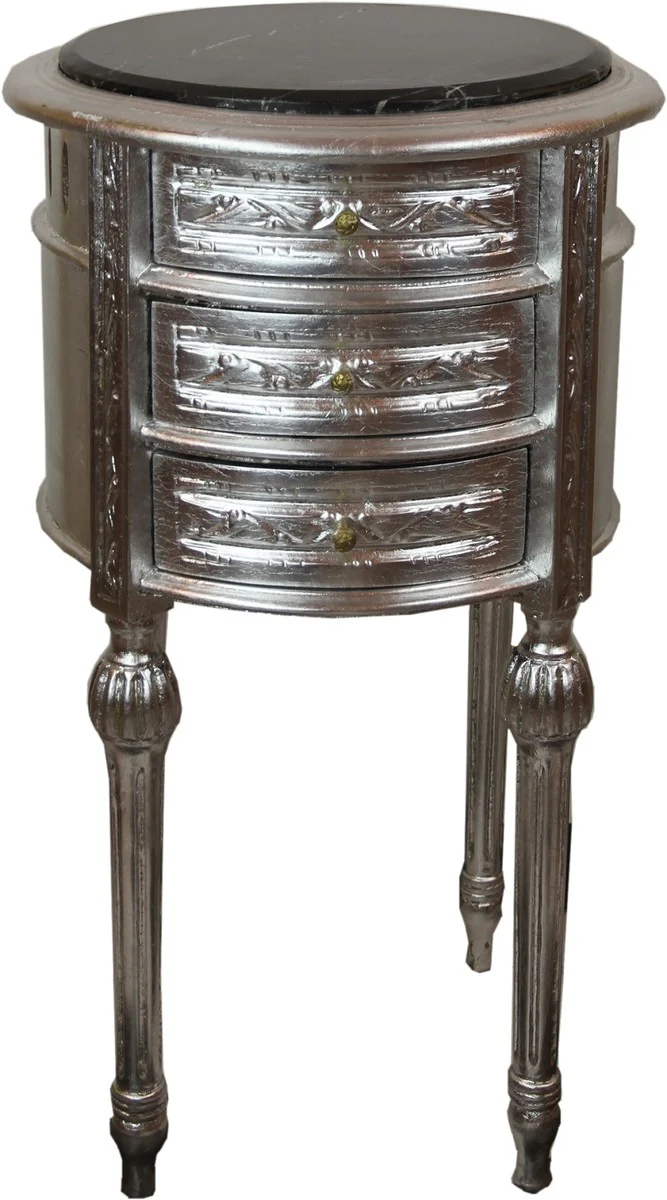 Baroque side table with marble top silver / black Ø 42 x H. 73 cm - Handmade small round chest of drawers with 3 drawers