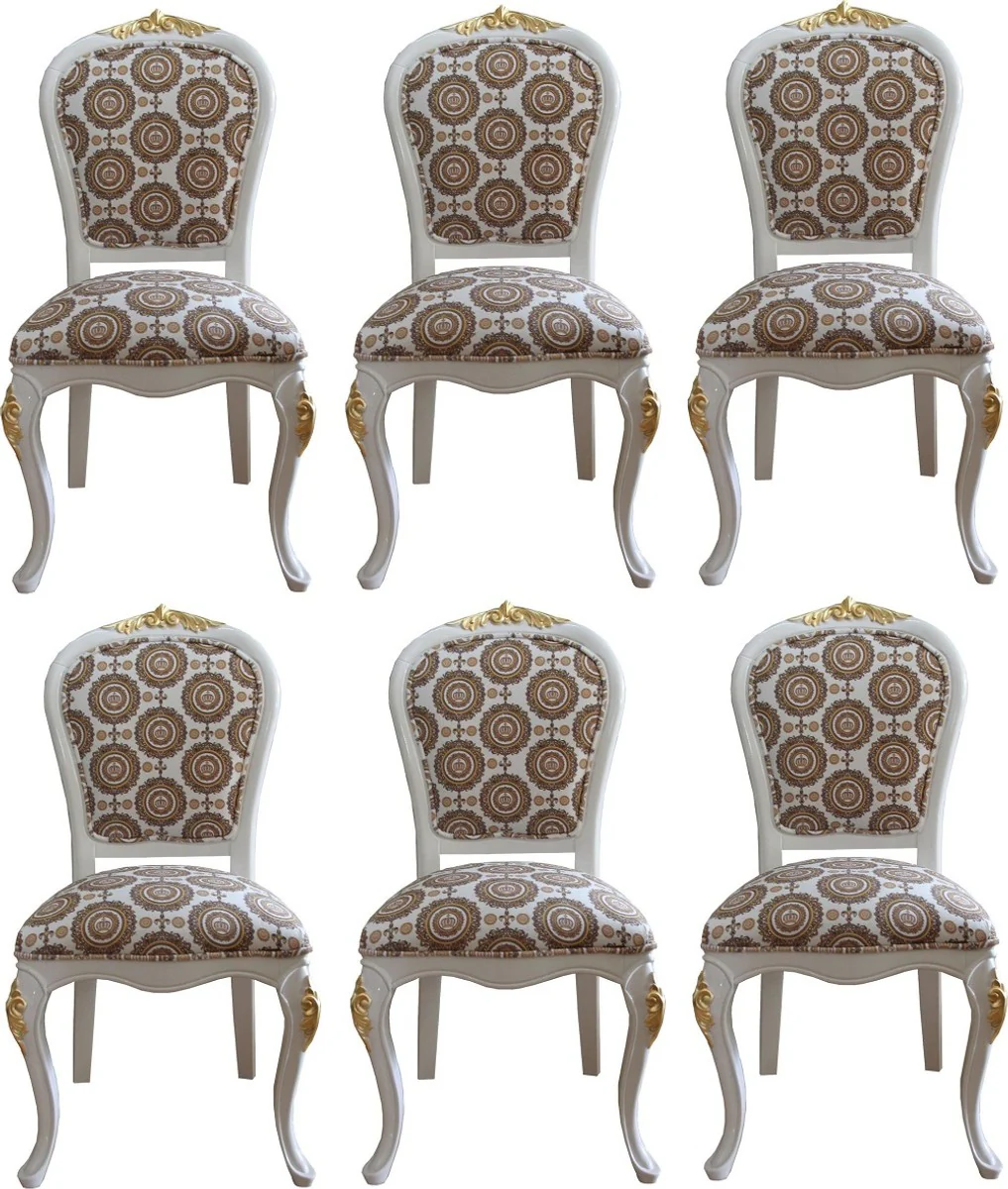 Pompöös by Luxury Baroque Dining Room Chairs with Crown White / Gold - Pompöös Baroque Chairs designed by Harald Glööckler - 6 Dining Room Chairs - Baroque Dining Room Furniture