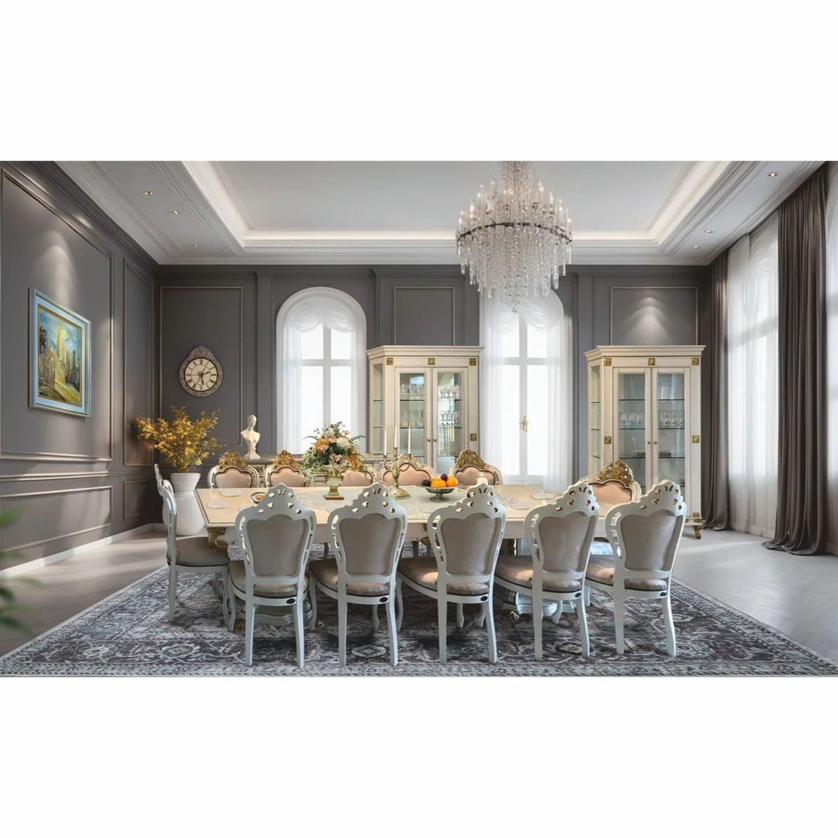 Luxury Baroque Dining Room Set Gray / White / Gold - 1 dining table and 12 chairs