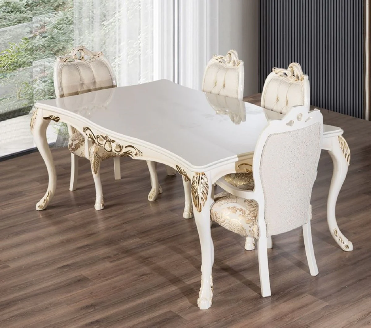 Luxury Baroque Dining Table White / Gold - Rectangular Baroque Style Kitchen Table - Luxury Dining Room Furniture in Baroque Style - Baroque Dining Room Furniture - Baroque Furnishings