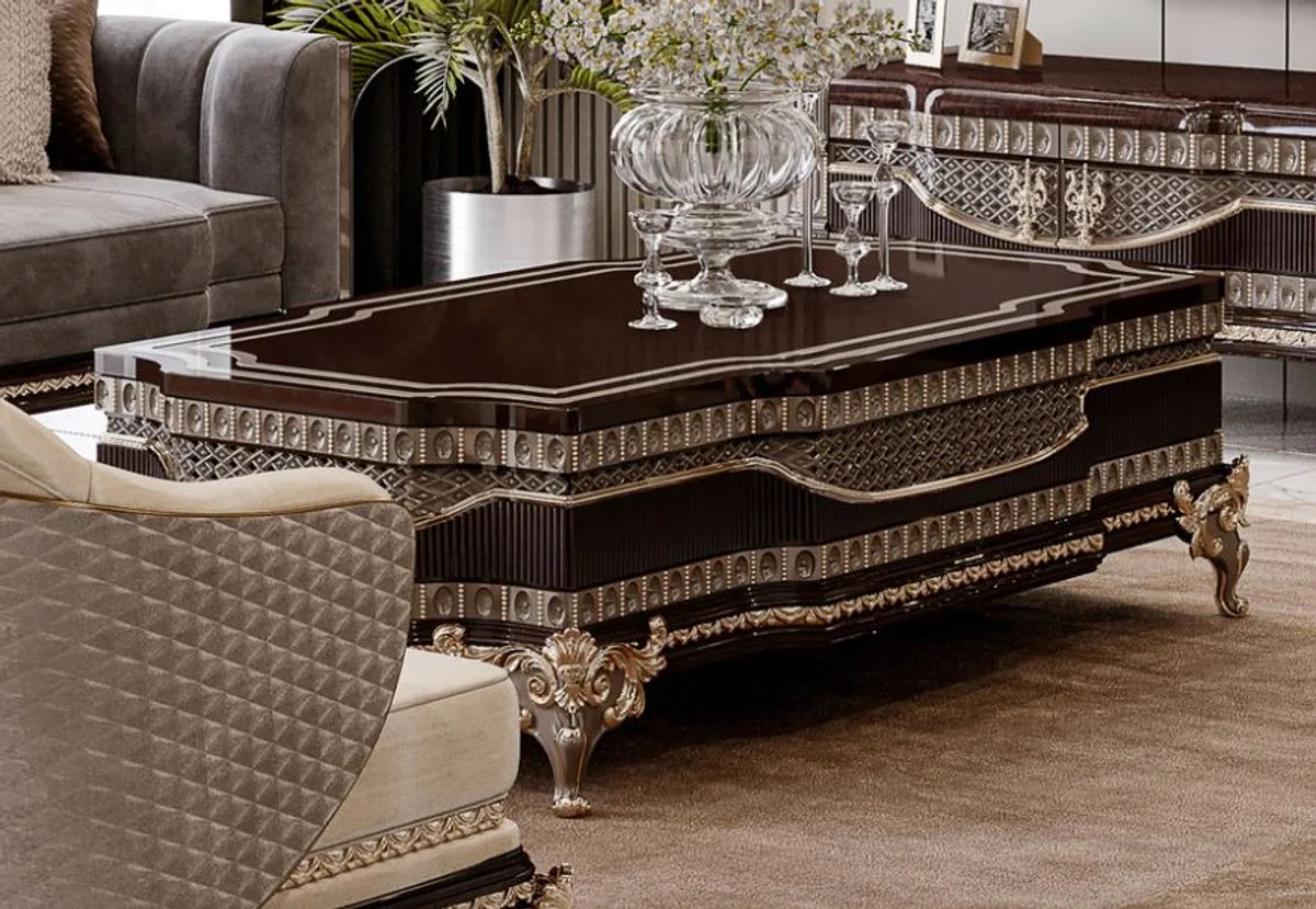 Luxury baroque coffee table dark brown / gray / gold 156 cm