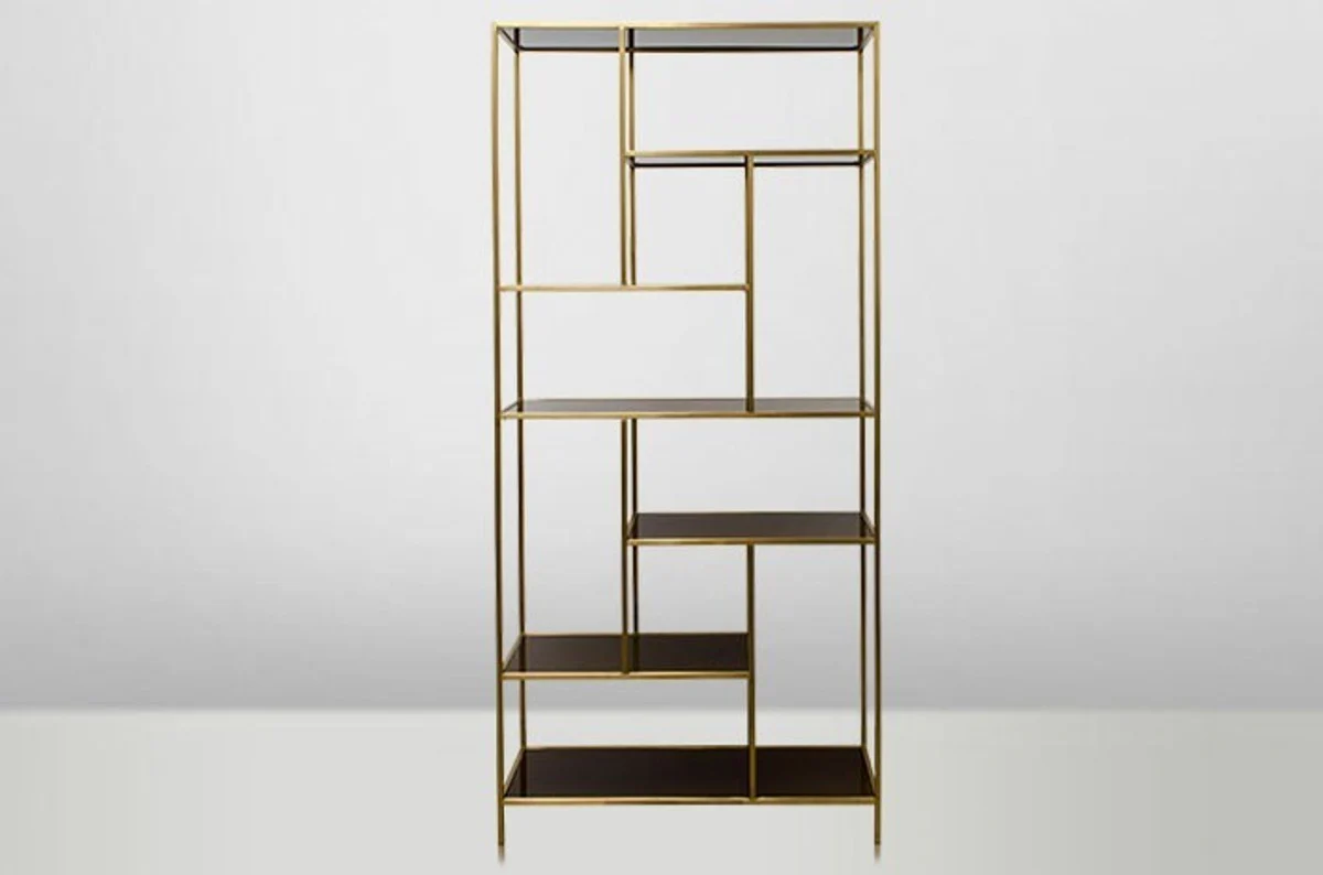Art Deco luxury shelf cabinet stainless steel gold with tinted glass shelves H210 x 98 x 35 cm - bookcase shelf cabinet - Art Nouveau furniture