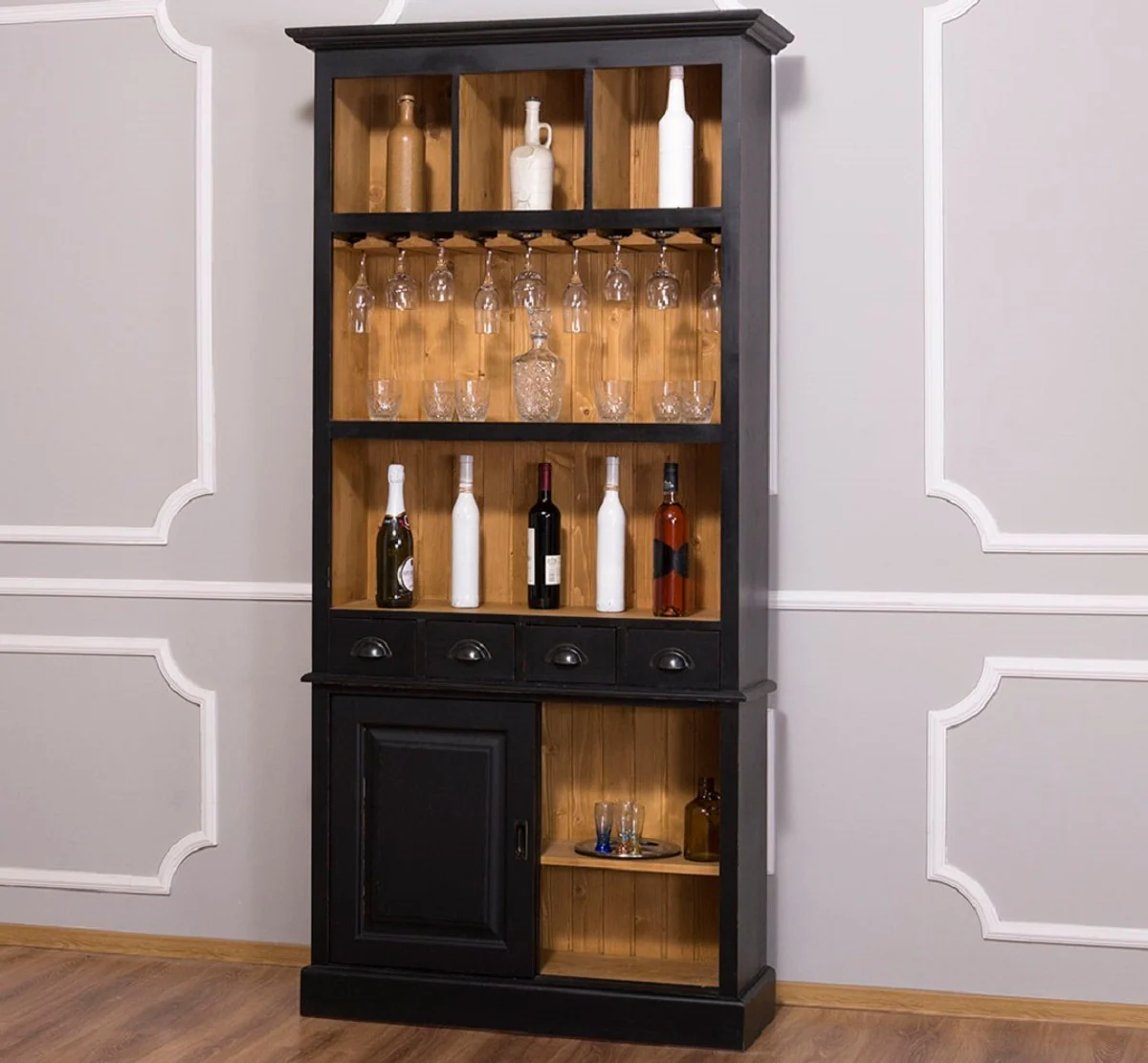 Country house style wine cabinet black / natural color 103 x 36 x H. 210 cm - bar cabinet in country house style