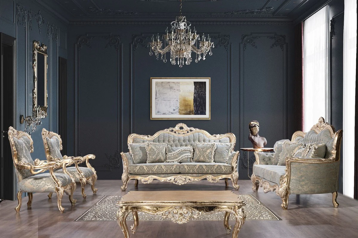 Luxury Baroque Sofa Green / Antique Gold - Baroque Style Living Room Sofa with Elegant Pattern - Luxury Living Room Furniture in Baroque Style - Baroque Furniture - Baroque Furnishings