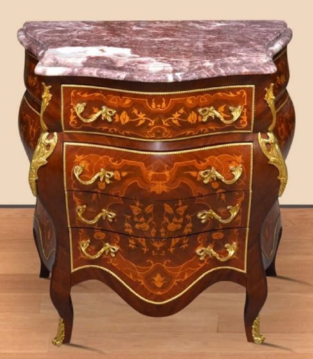 Baroque chest of drawers brown inlaid / gold / red - handmade antique style chest of drawers with 4 drawers and marble top - baroque furniture