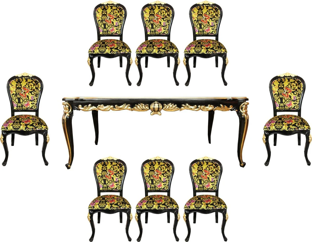 Pompöös by Baroque luxury dining room set Butterflies & Flowers - Pompöös Baroque dining table with glass top and 8 chairs designed by Harald Glööckler - Baroque dining room furniture