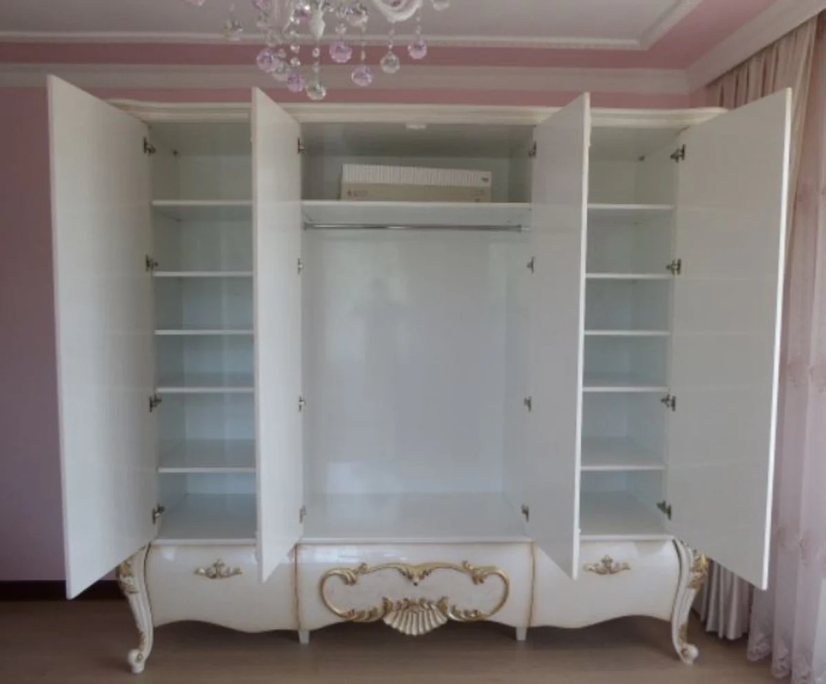 Luxury baroque bedroom wardrobe white / cream / gold 320 x 70 x H. 250 cm - noble solid wood wardrobe - bedroom furniture in baroque style - luxury quality